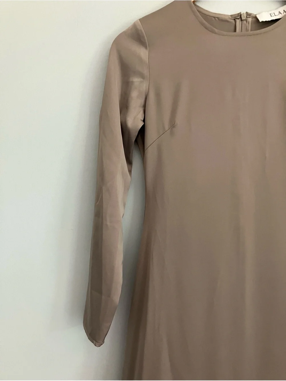 ELAA Muted Olive Green/Taupe Satin Long Sleeve A-Line Maxi Dress Size XXS-XS - Picture 3 of 12
